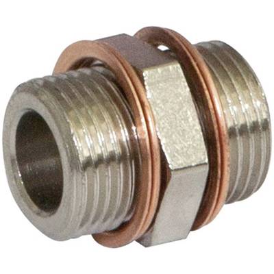 Metal double-threaded connection with two copper rings in the centre, used for stable pipe joining.