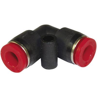 A black plastic angular connector with red ends, suitable for tube connections in pneumatic systems.