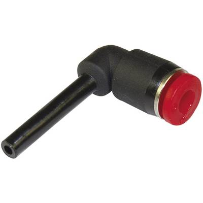 A black 90-degree angle connector with a red end. Suitable for pipe or hose connections in technical applications.