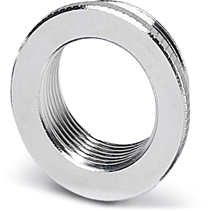 Metal lock nut with internal thread and smooth outer surface, silver-coloured, used for securing bolts on components.