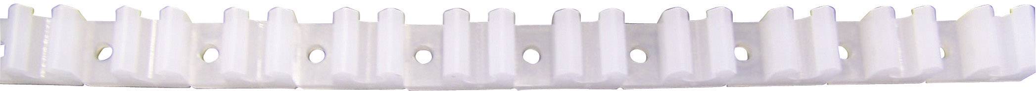 A white plastic clip with a series of evenly spaced teeth, used for securing wires or cables.