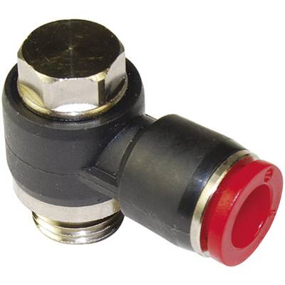 Black angular connection with silver and red accents, likely a pneumatic connection or hose fitting.