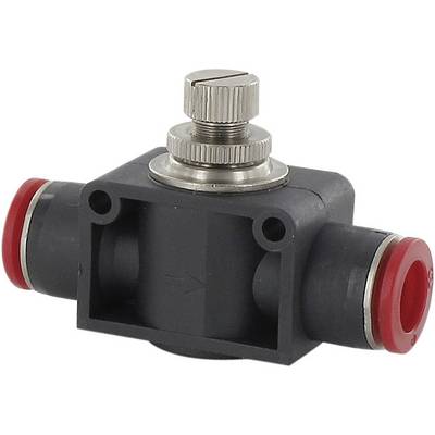 A T-piece connector with a valve on top, black housing and red seals, used in pneumatic systems.