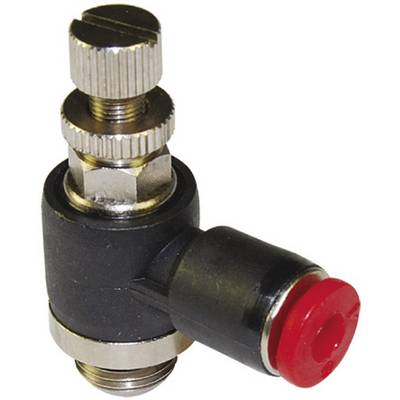 A pneumatic component with a black housing, silver valve screws on top, and a red connection on the right.