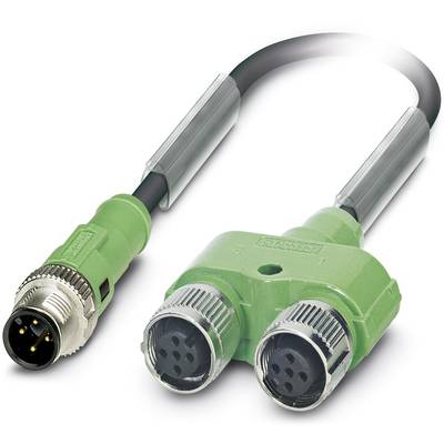 Green Y-cable with a plug connector on one side and two sockets on the other, for industrial applications.