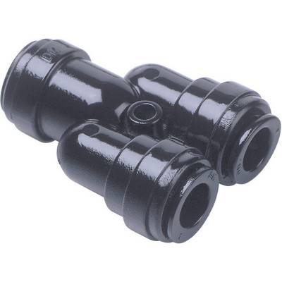 Two-way plastic connector in black for pipe connection, suitable for air or fluid systems.