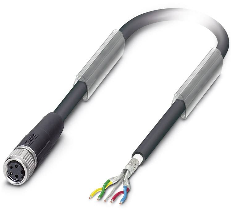 A cut black cable bundle revealing the coloured inner wires and metal shielding, ready for connection.