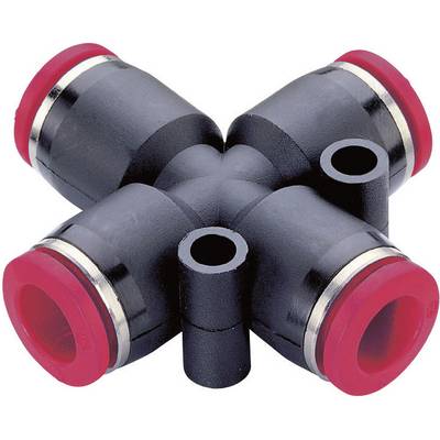 A black plastic cross connector with red ends, suitable for pipe connections in pneumatic systems.
