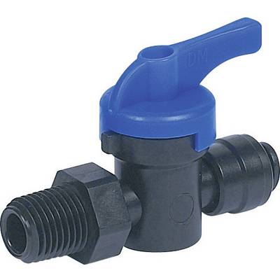 A blue plastic ball valve with two connections on the left and right, used for pipelines or irrigation systems.