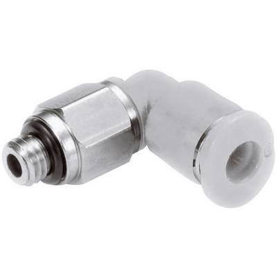 Metal and plastic angle connectors with threading and push-fit connection, commonly used in pneumatic or hydraulic systems.