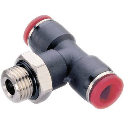 Black plastic T-piece connector with metal threading and red ends, suitable for pipe or hose systems.