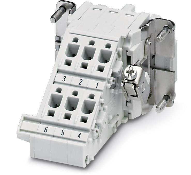 A white electrical connector with six numbered terminals and side-mounted screw clamps, suitable for industrial applications.