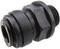 Black connector adapter with knurled edge and hexagonal profile, suitable for pipe connections in technical applications.