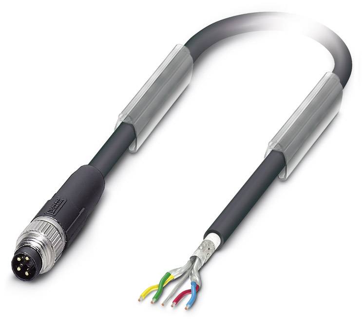 A black cable with one end stripped shows four coloured wires. On the other side is a round plug with a metal casing.