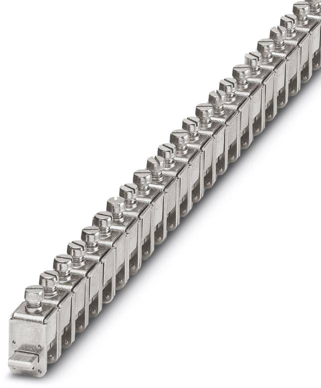 A metal terminal strip with multiple screw terminals, designed for securing electrical conductors.