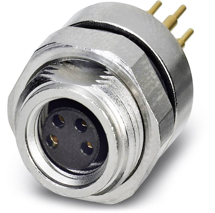 Metal panel connectors with four round pins, visible from the front. Used in industrial and electronic applications.