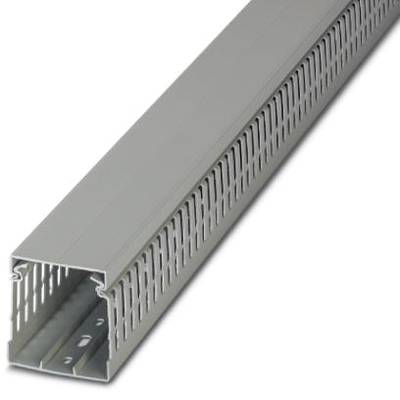 Grey cable trunking with side slots for organising and protecting cables in electrical installations.