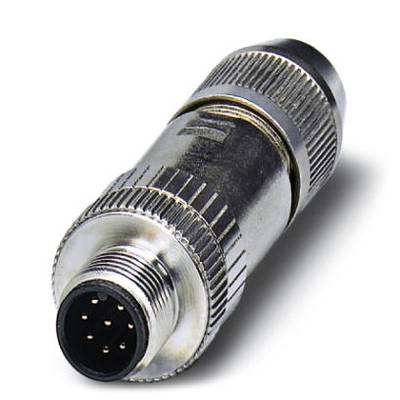 A silver, round plug with multiple pins, commonly used in electronic devices for connection.