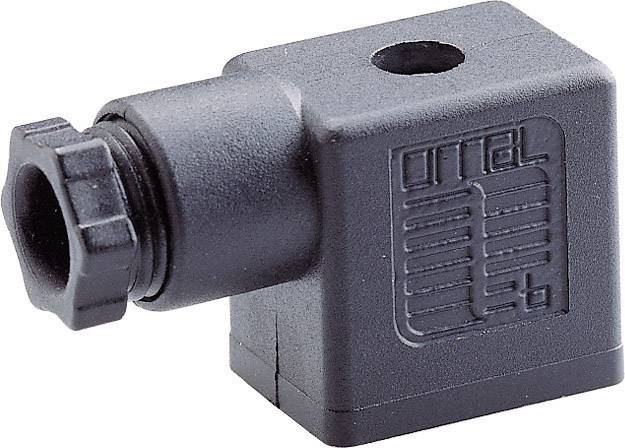 Plastic plug with a side locking mechanism, square shape, and embossed logo on the surface.