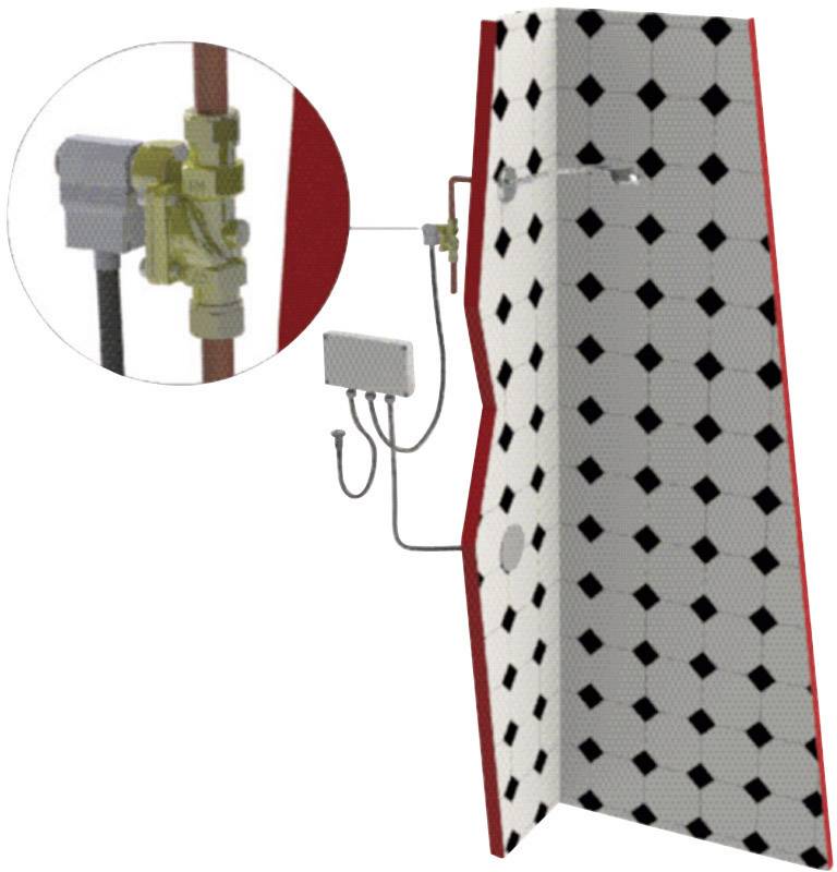 A shower with a black and white tiled pattern. Close-up of a brass sensor connected to the shower.