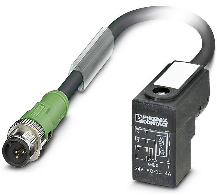 Industrial cable with green plug connector and black adapter, labelled 'PHOENIX CONTACT', 24V AC/DC 4A, on white background.