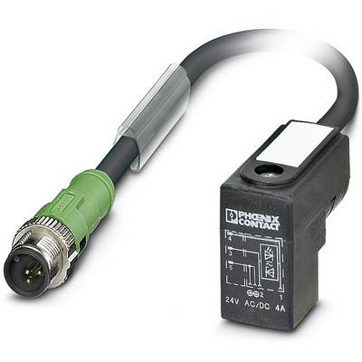 Industrial cable with green plug connector and black adapter, labelled 'PHOENIX CONTACT', 24V AC/DC 4A, on white background.
