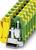 Row of yellow-green earthing terminals in a modular, stackable design, used for secure earthing in electrical installations.