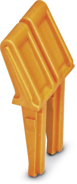 An orange plastic component with two L-shaped pins at the bottom and a rectangular, textured head at the top.