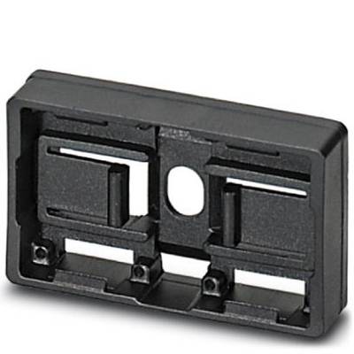 A black rectangular plastic frame with two large recesses and a smaller round opening in the centre.