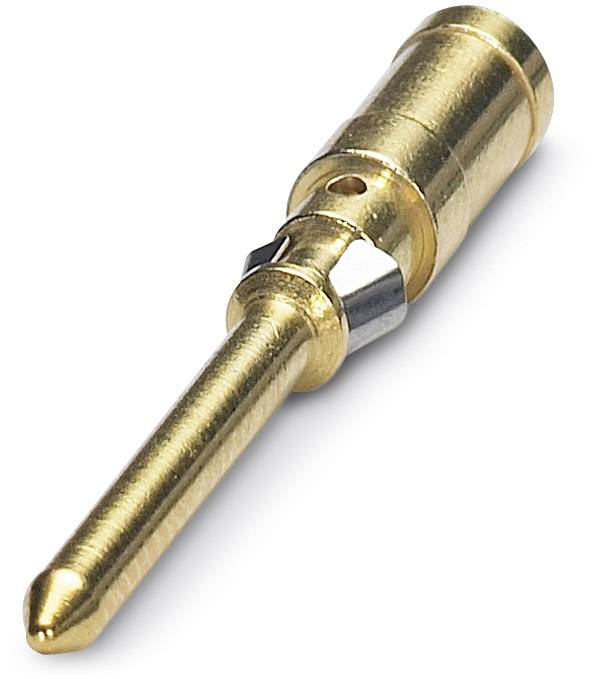 A golden electrical pin plug with an insulated central section, often used for high-quality connections in electronic devices.