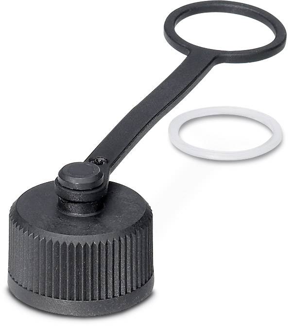 Black plastic cover cap with a flexible fastening loop, alongside a white sealing ring.