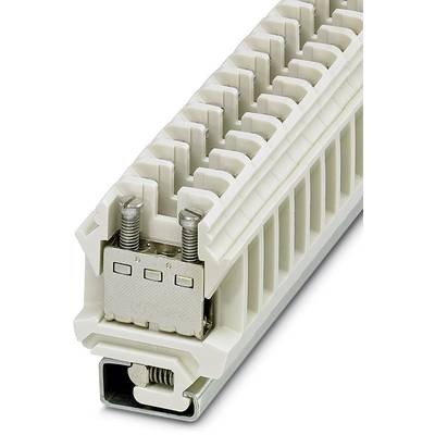 Plastic terminal block with grey connections and mounting screws, mounted on a metal rail. Primarily used for electrical connections.