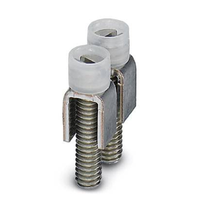Two metal bolts with white plastic heads, likely part of an electrical or mechanical connecting system.