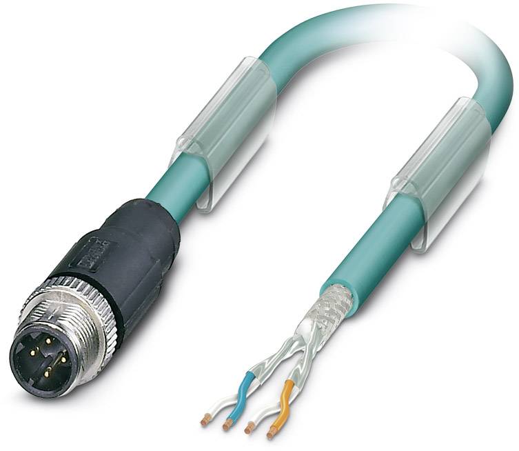 A green-blue Ethernet cable with exposed wire ends and metal connector. Used for network connection.