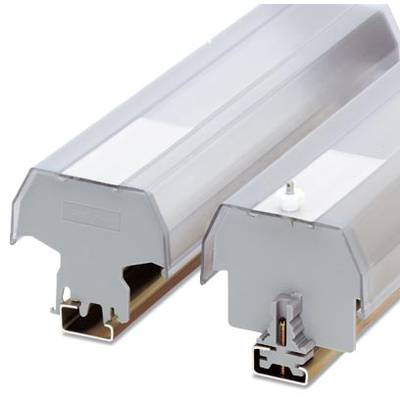 Two grey electrical rails with transparent plastic covers, lying parallel to each other on a light background.