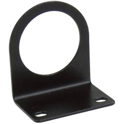 Black, rectangular metal angle bracket with a large, round hole in the centre. Suitable for fixing or mounting.