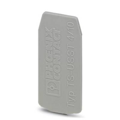 Grey-yellow end piece from Phoenix Contact, type TS-USST 4/10, with embossed lettering and rectangular shape, slightly rounded corners.