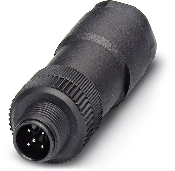 Black 5-pin plug with grooves for secure grip and robust construction, suitable for industrial applications.