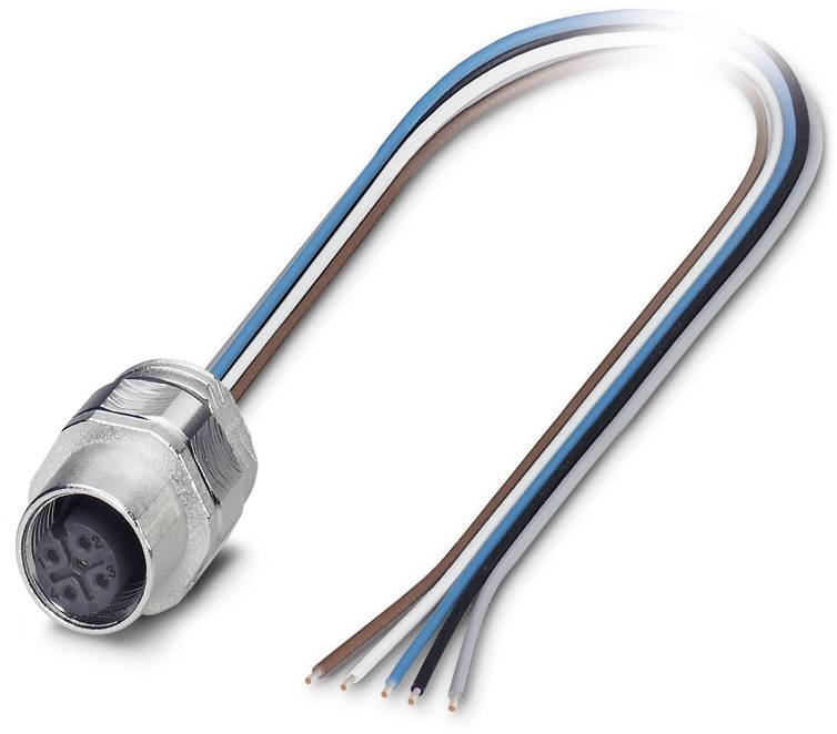 Silver electrical plug with exposed cable ends in different colours: blue, black, white and brown.