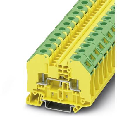 A yellow and green, modular terminal block with multiple connection options. Commonly used in electrical control cabinets.