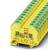 A yellow and green, modular terminal block with multiple connection options. Commonly used in electrical control cabinets.