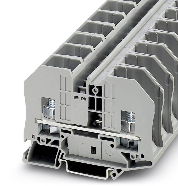 A grey plastic strip connector with two metal screws and a metal strip in the middle. Primarily used in electrical installations.