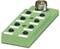 'Green electric plug with multiple black connections and a large metal connection at the top.'