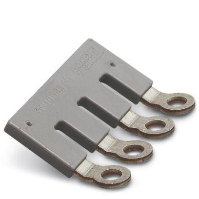 A grey busbar connector with four oval connections, suitable for distributing electrical power.