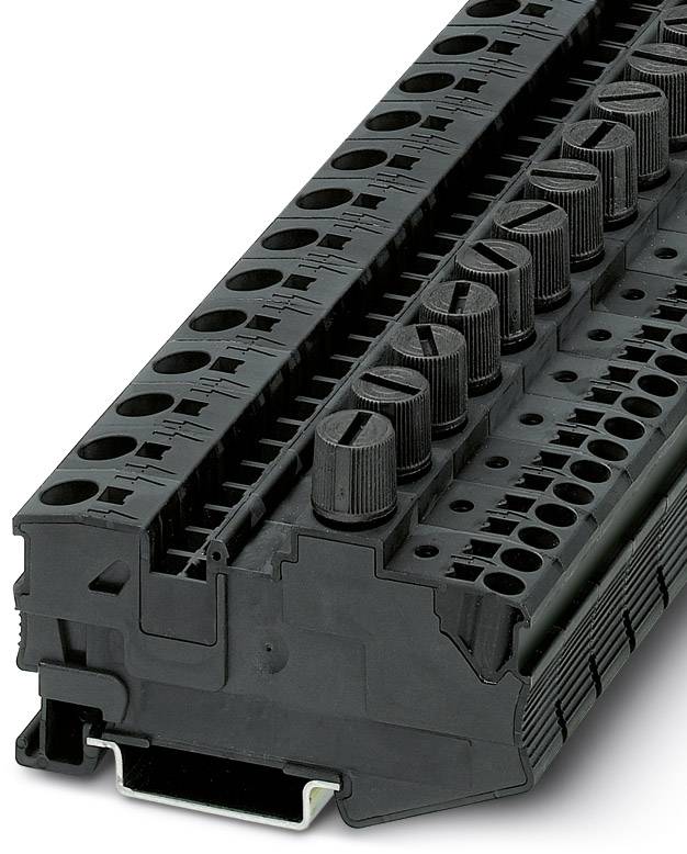 A black electrical terminal block with multiple connection points, suitable for industrial applications. The series begins on the left.