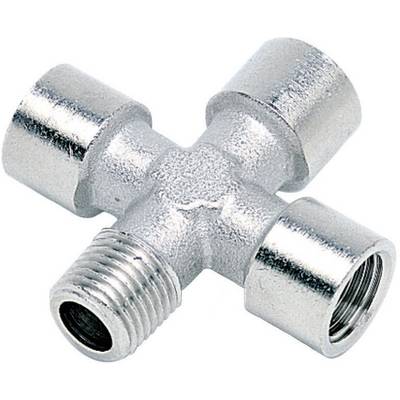 Metallic T-connector with one male and two female threaded connections, used for pipe or hose connections.