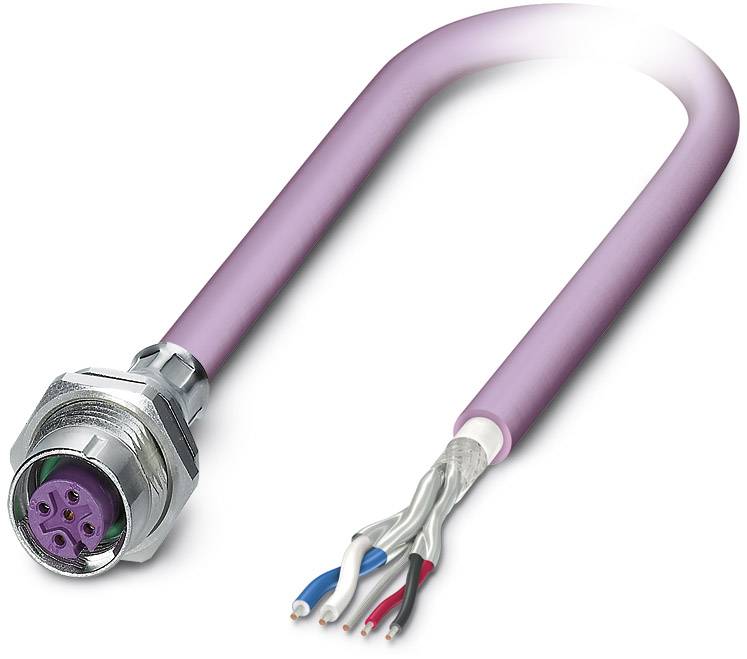 A purple Ethernet cable with a plug and exposed cable ends, showing multiple coloured conductors for data transmission and power.