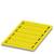 Yellow plastic pallet with narrow slots for improved ventilation, suitable for storage and transportation of goods.