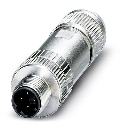 Silver cylindrical sensor made of metal with a black, round connector at the end featuring multiple pins, suitable for industrial applications.