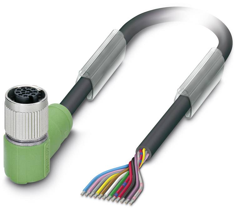 A multi-core cable with a green, right-angled connector on the left, the ends of the coloured wires are exposed and visible.
